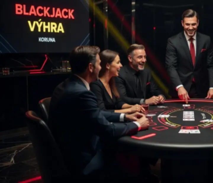Tmavě nasvícený blackjack stůl s hosty během tematického večera