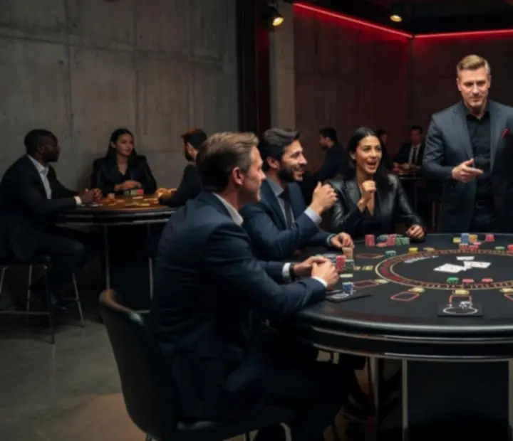 Skupina hostů u blackjack stolu během firemního večera