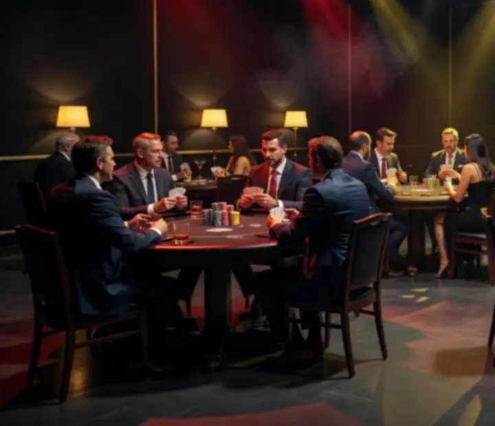 Dramatická fotogalerie z pokerových večerů s temným nasvícením a hosty u stolů