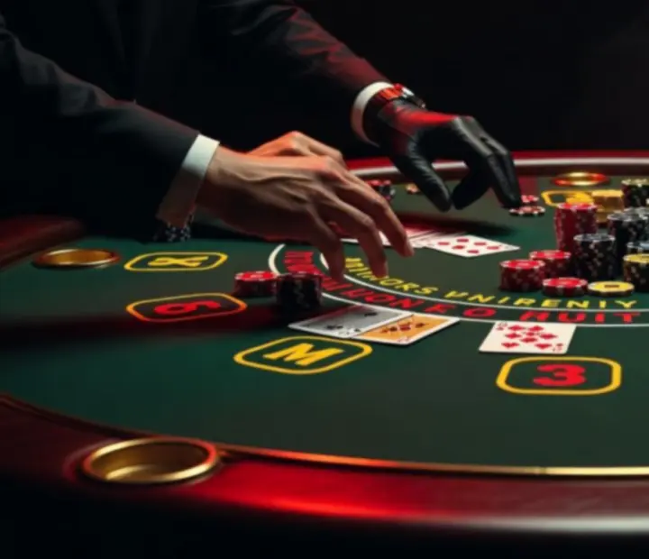 Dramatické červené a žluté nasvícení blackjack stolu