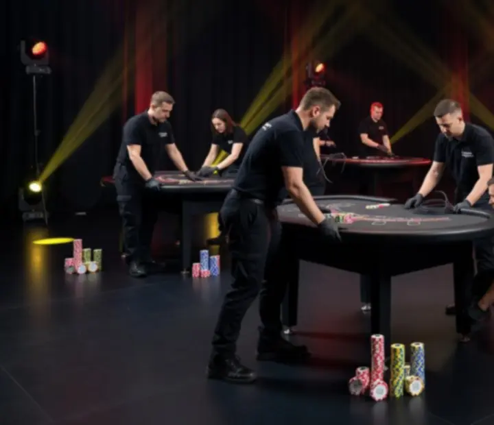 Tým Moravion připravuje vybavení a instalaci stolů pro večerní event