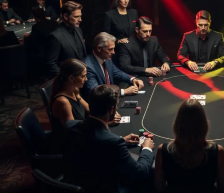 Dramatická atmosféra pokerového večera s hosty u stolu